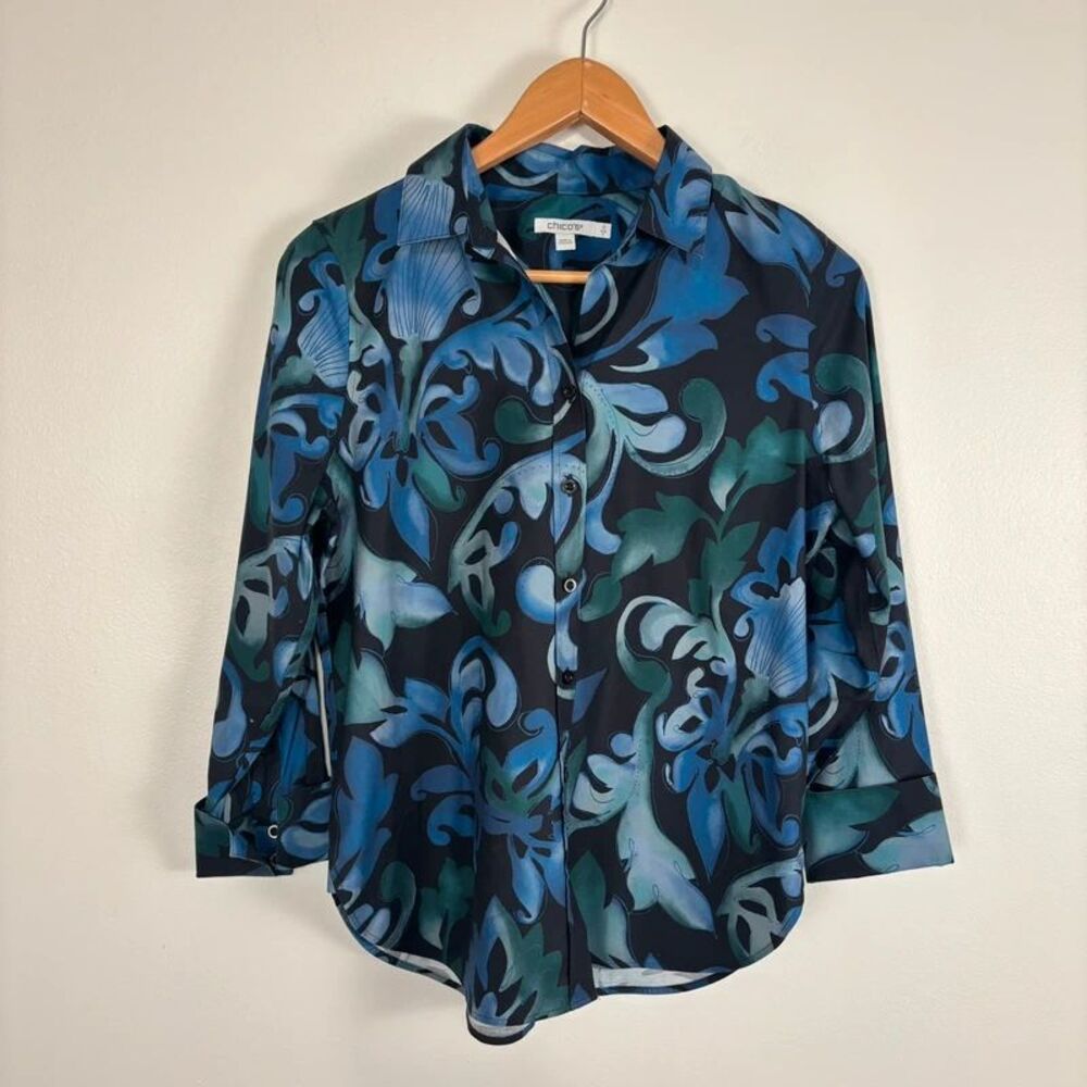 Chicos Floral Button Down Shirt Womens Size 0 US 4 Blue Teal Stretch Blouse